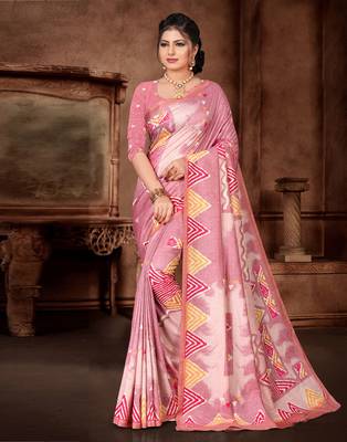 Pink printed silk saree with blouse 3
