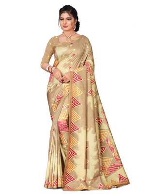 Brown printed silk saree with blouse 1