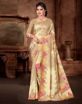 Brown printed silk saree with blouse 3
