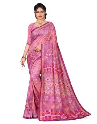 Pink printed silk saree with blouse 1