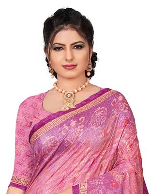 Pink printed silk saree with blouse 2