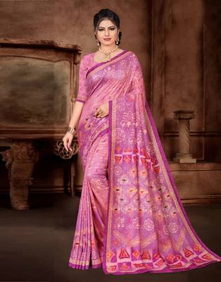 Pink printed silk saree with blouse 3