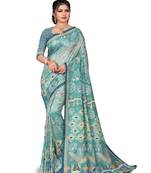 Blue printed silk saree with blouse