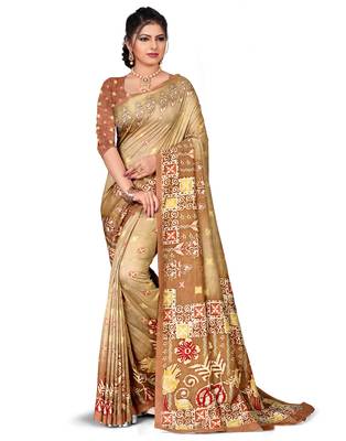 Brown printed silk saree with blouse 1