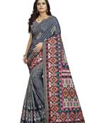 Grey printed silk saree with blouse