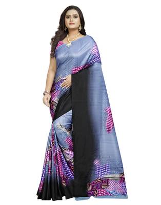 Blue printed silk saree with blouse 1