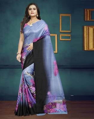 Blue printed silk saree with blouse 2