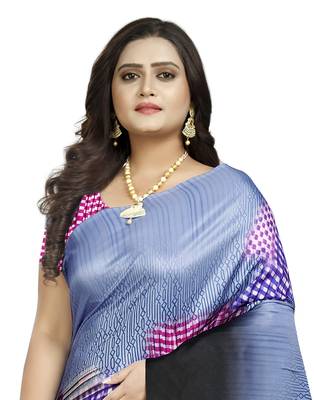 Blue printed silk saree with blouse 3