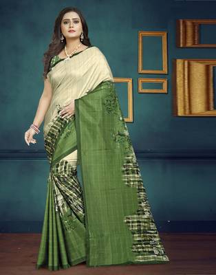 Cream printed silk saree with blouse 2