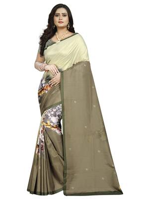 Cream printed silk saree with blouse 1