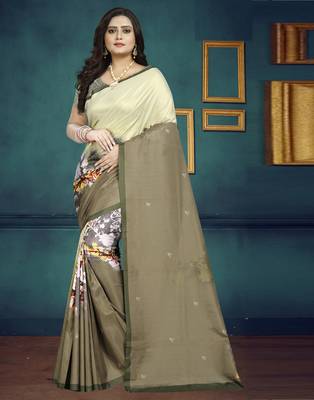 Cream printed silk saree with blouse 2