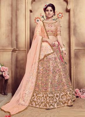 Peach Plain
 Silk Unstitched Lehenga 1