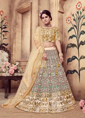 Beige Plain
 Silk Unstitched Lehenga 1