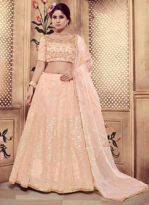 Peach Plain
 Silk Unstitched Lehenga 1