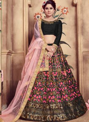Black Plain
 Silk Unstitched Lehenga 1