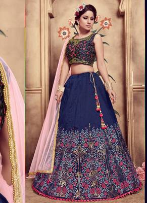 Navy-Blue Plain
 Silk Unstitched Lehenga 1