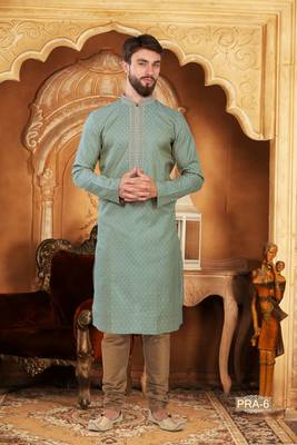 Turquoise embroidered jacquard men-kurtas 1