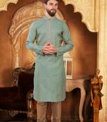 Turquoise embroidered jacquard men-kurtas