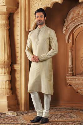 Beige embroidered jacquard men-kurtas 1