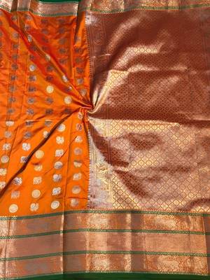 Women'S Designer  Orange Banarasi Kanjivaram Saree With Designer Blouse 1