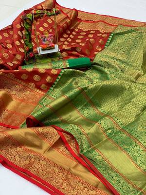 Women'S Designer Red Banarasi Kanjivaram Saree With Designer Blouse 1