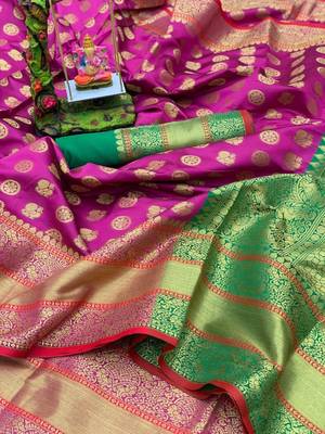 Women'S Designer Magenta Banarasi Kanjivaram Saree With Designer Blouse 1