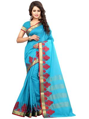 Sky blue woven cotton saree with blouse 1