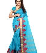 Sky blue woven cotton saree with blouse