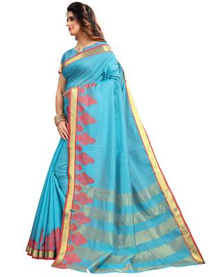 Sky blue woven cotton saree with blouse 2