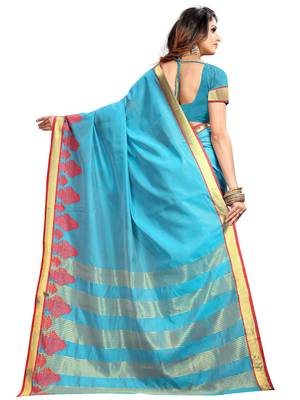 Sky blue woven cotton saree with blouse 3
