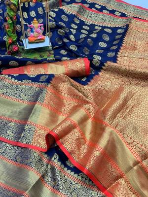 Women'S Designer Blue Banarasi Kanjivaram Saree With Designer Blouse 1