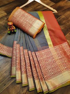 Women'S Designer Grey Banarasi Kanjivaram Saree With Designer Blouse 1