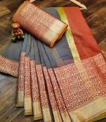 Women'S Designer Grey Banarasi Kanjivaram Saree With Designer Blouse