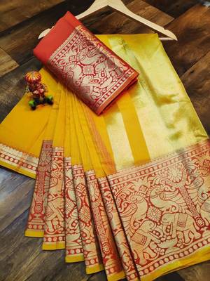 Women'S Designer Yellow Banarasi Kanjivaram Saree With Designer Blouse 1