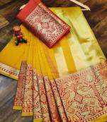Women'S Designer Yellow Banarasi Kanjivaram Saree With Designer Blouse