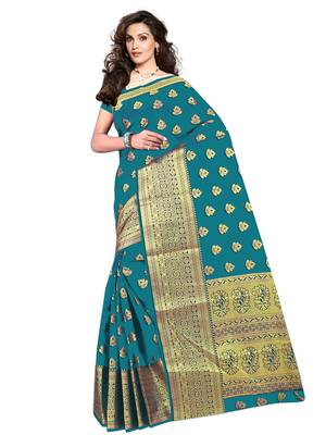 Turquoise woven cotton silk saree with blouse 1