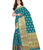 Turquoise woven cotton silk saree with blouse