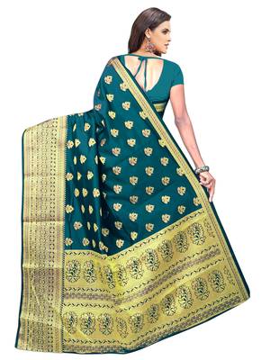 Turquoise woven cotton silk saree with blouse 2