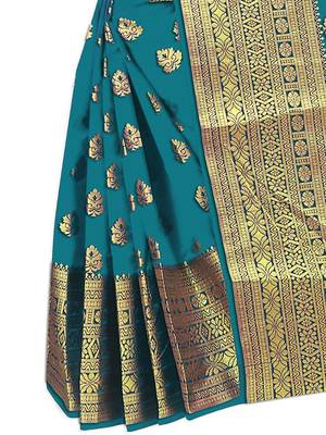 Turquoise woven cotton silk saree with blouse 3