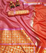 Women'S Designer Peach Banarasi Kanjivaram Saree With Designer Blouse