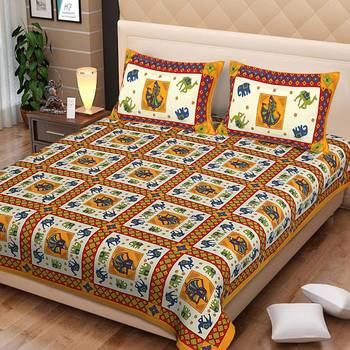 Elephant And Camel Print Pure Cotton Bed Sheet With Two Zipper Pillow Cover  ( Size 93 X 108 ) 1