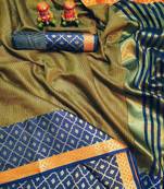 Women'S Designer Mahendi Banarasi Kanjivaram Saree With Designer Blouse