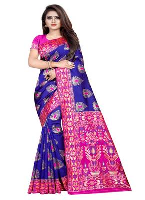 Purple woven kanchipuram silk saree with blouse 1