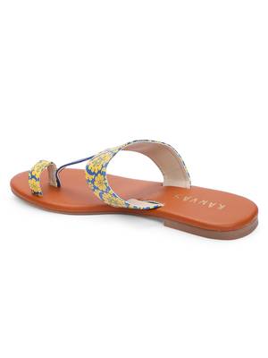 Women Ethnic Yellow And Blue Mughal Kolhapuri Shoes 2