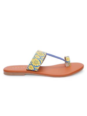 Women Ethnic Yellow And Blue Mughal Kolhapuri Shoes 3