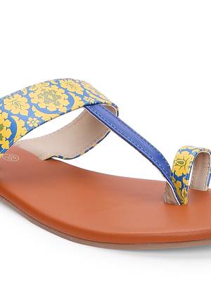 Women Ethnic Yellow And Blue Mughal Kolhapuri Shoes 4