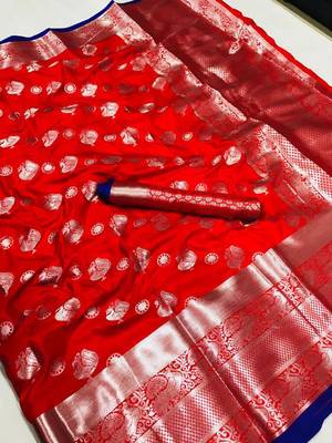 Women'S Designer Red  Banarasi Kanjivaram Saree With Designer Blouse 1