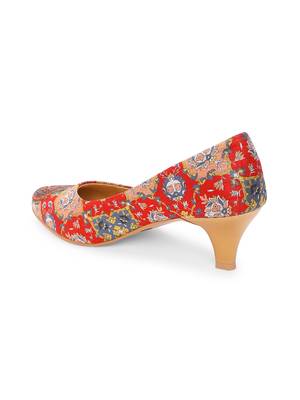 Women Ethnic Red Mughal Kitten Heels Shoes 3