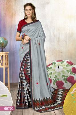 Grey Printed Cotton Silk Saree With Blouse 1