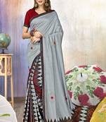 Grey Printed Cotton Silk Saree With Blouse